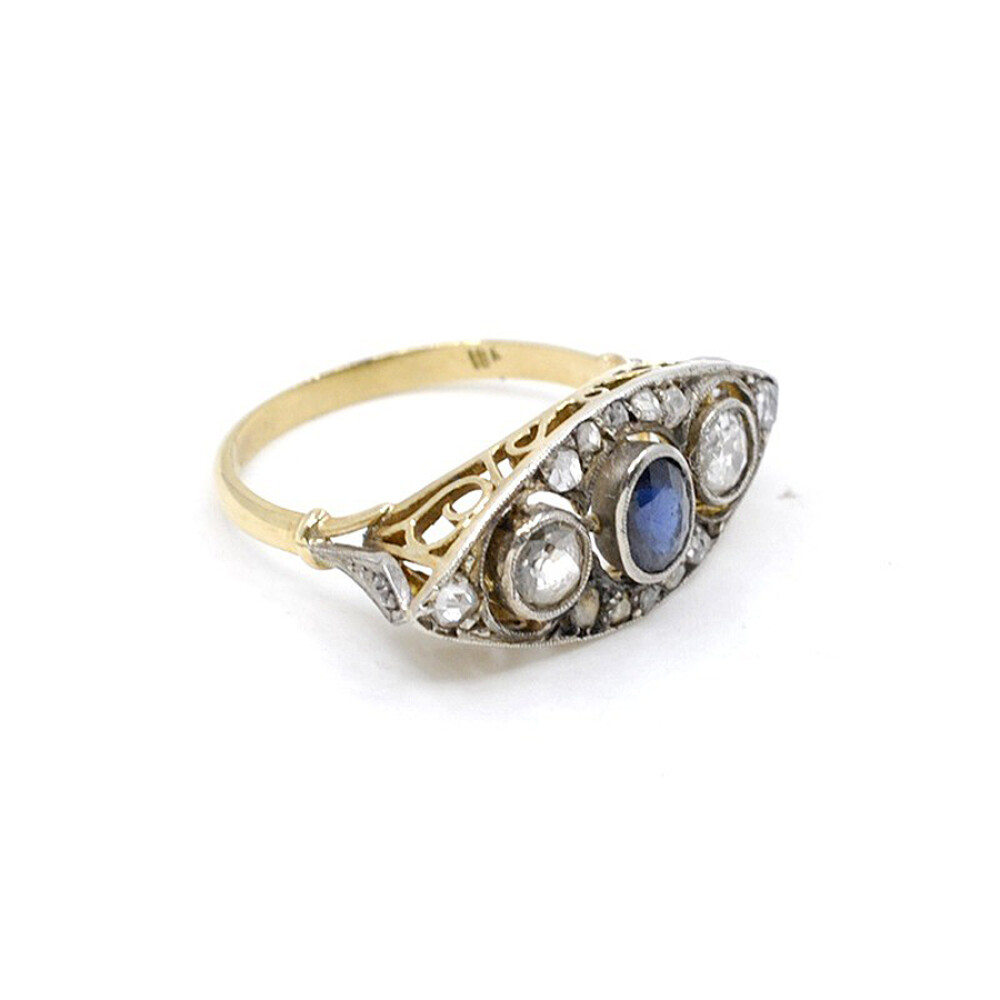 Anillo Antiguo En Oro 18K Con Brillantes, Diamantes Y Zafiro Anillo Antiguo En Oro 18K Con Brillantes, Diamantes Y Zafiro
