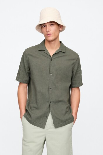 Camisa De Lino Manga Corta Hombre Mesculen Green