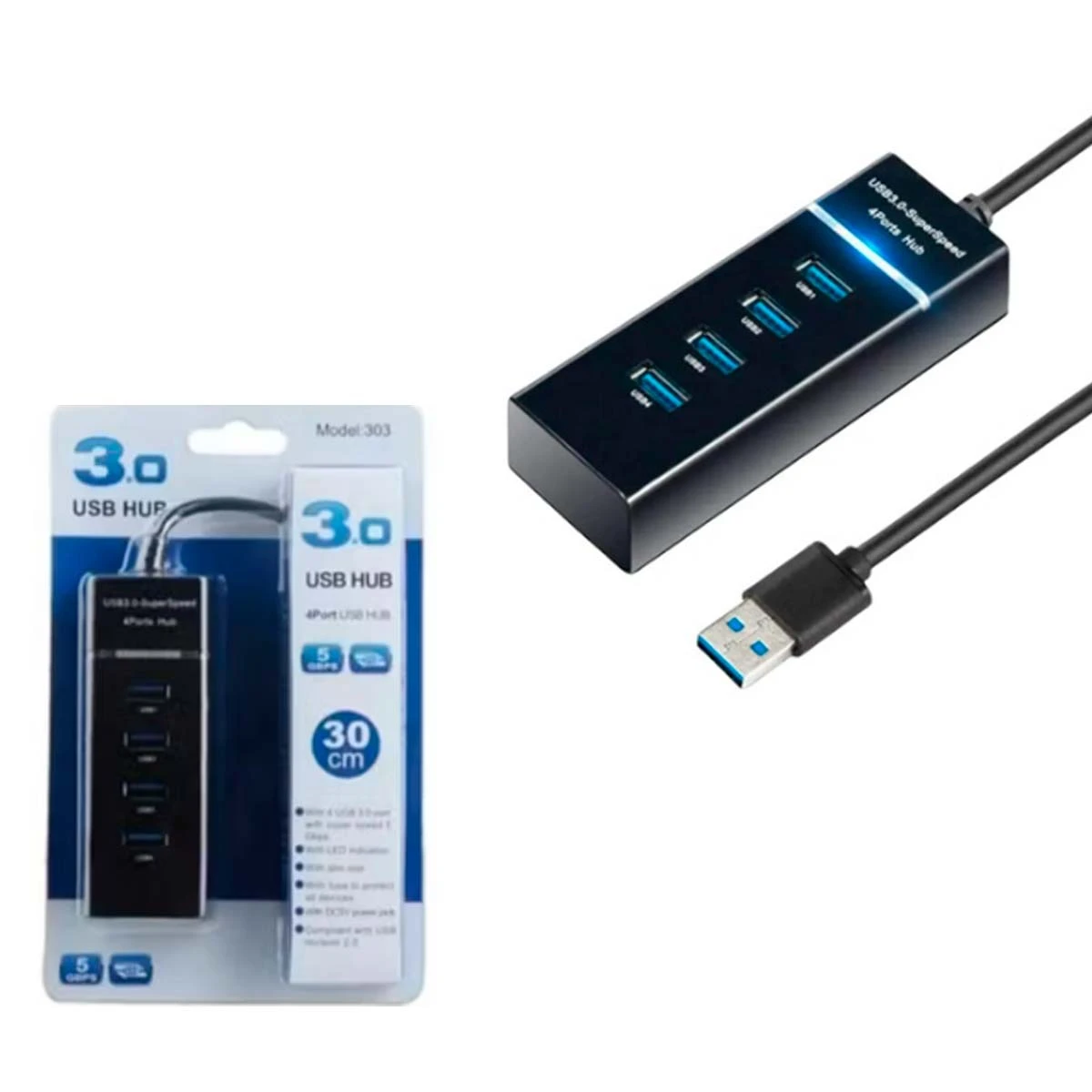 ADAPTADOR USB 303 HUB 4 PUERTOS 3.0 CON LED 