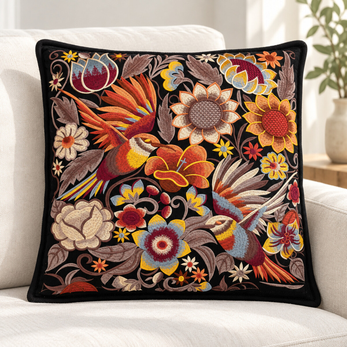 Funda de almohadón ZAL bordada artesanal 50 x 50 cm - Negro 