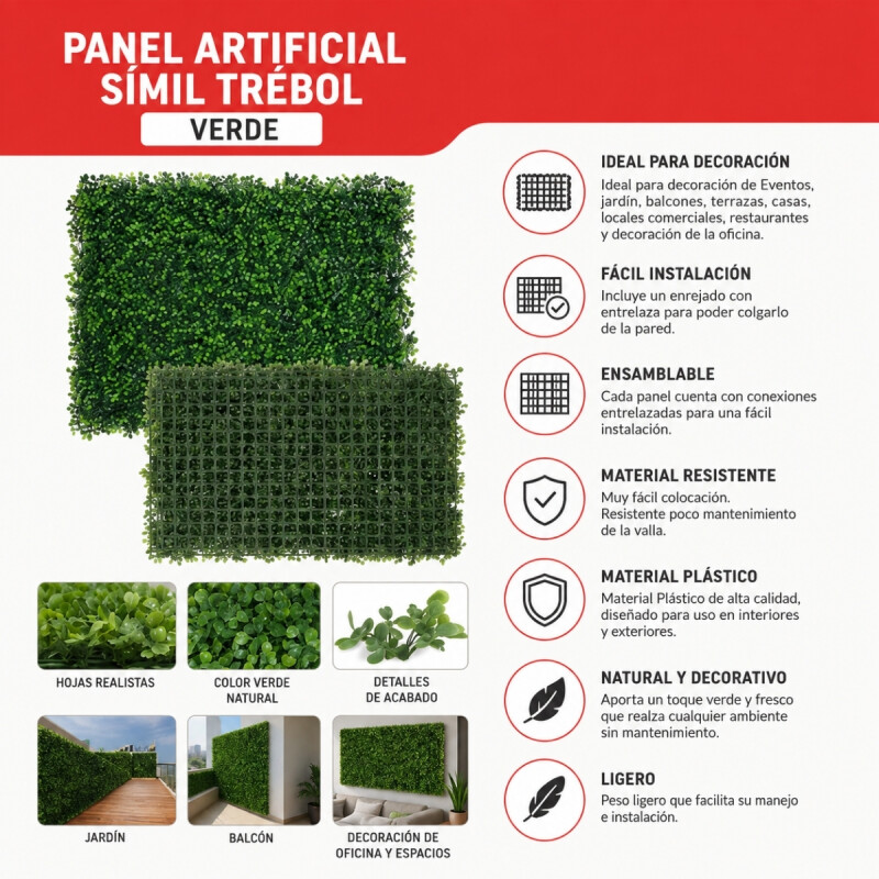 Panel artificial símil trébol 40x60 cm VERDE