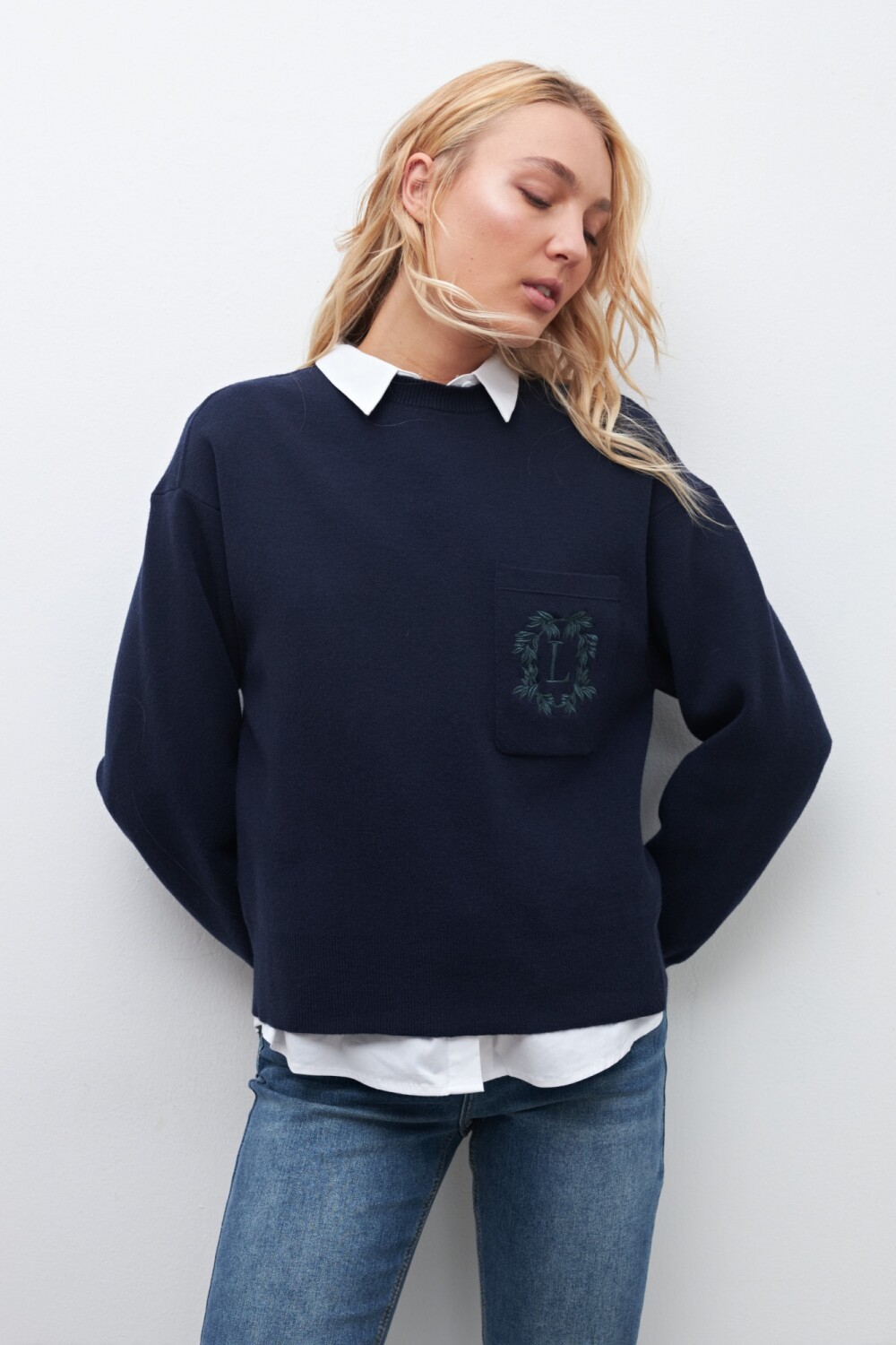 Suéter SUN68 Redondo Con Cinta Poli-Algodón Mujer Azul Marino