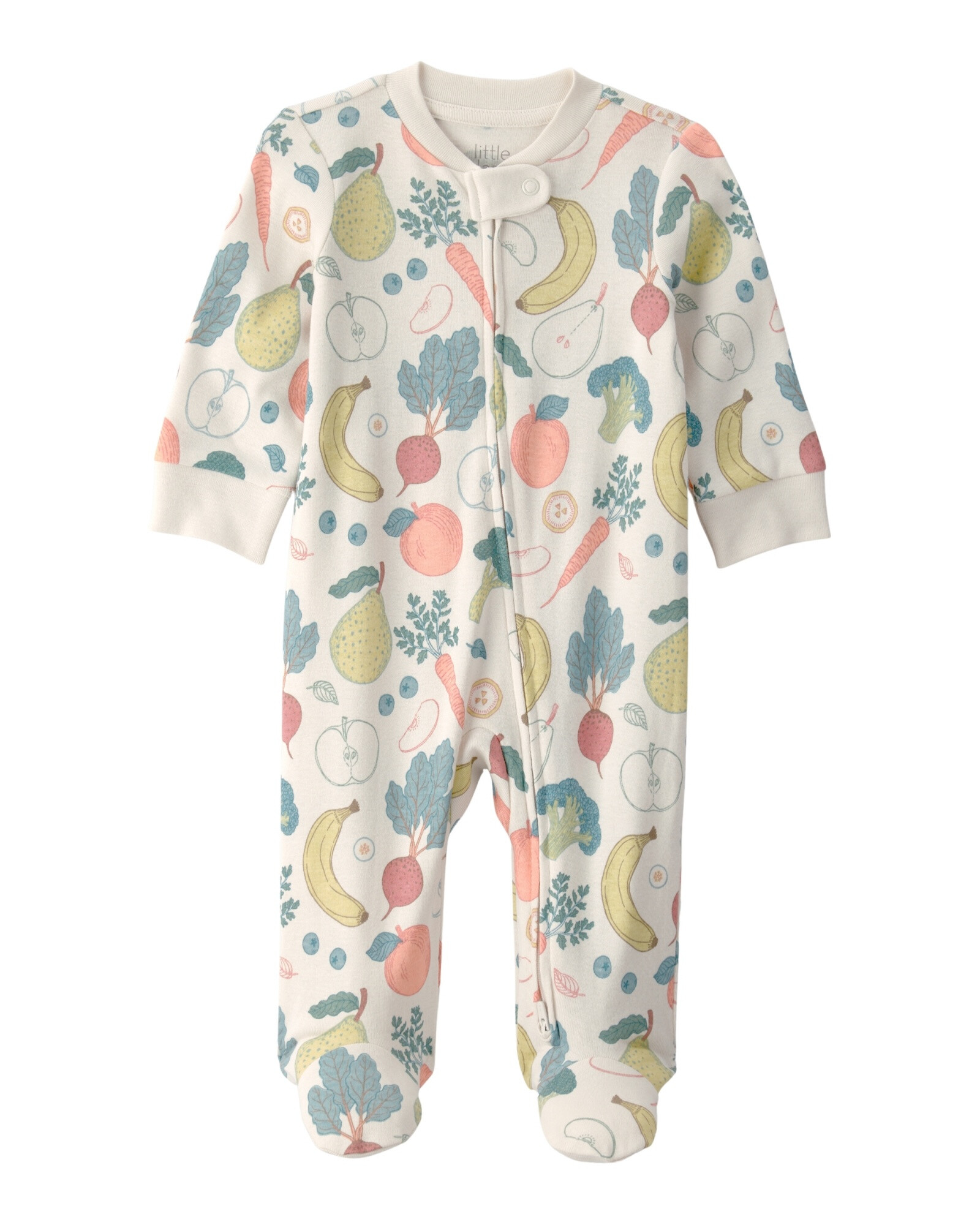 Pijama enterito de algodón orgánico con pie, diseño frutas y verduras Sin color