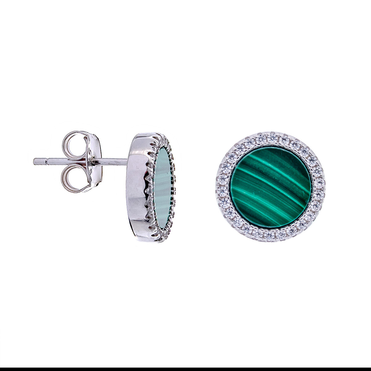 Caravana de Plata rodinada , Malaquita y circonias 