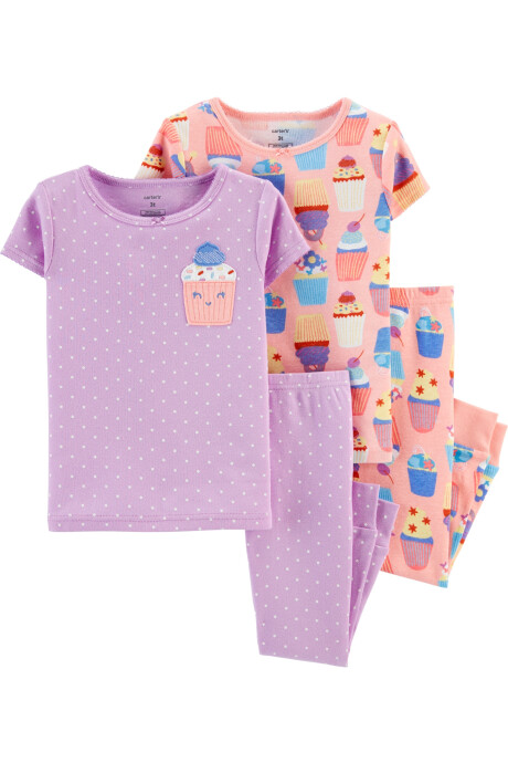 Pijama cuatro piezas dos remeras manga corta y dos pantalones cupcakes algodón Sin color