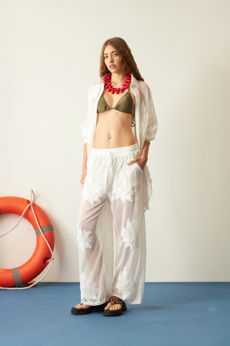 Pantalón red flores bordadas blanco