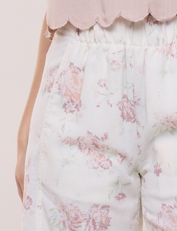 Pantalon Lino Wide Leg Con Estampa Floral CRUDO/MULTI