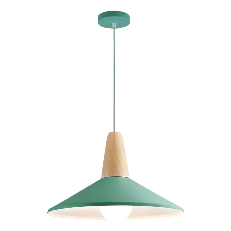 Lampara Colgante Metal Nordica Plato Deco Simil Madera Led Verde