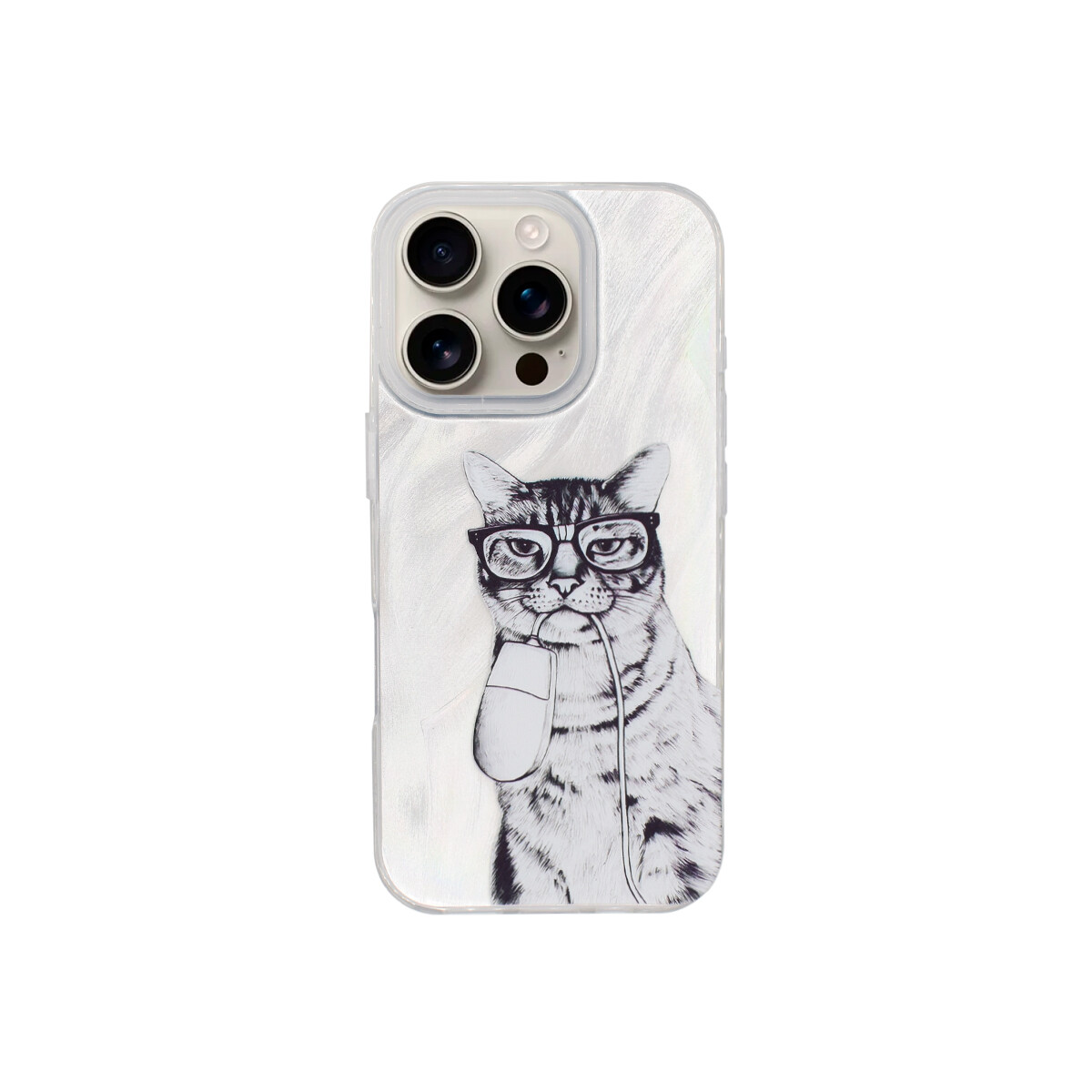 Protector para iPhone 16 Pro plateado diseño gato 
