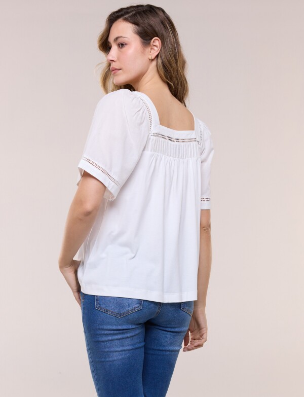 Blusa Holgada Escote Cuadrado Con Puntilla Calada BLANCO
