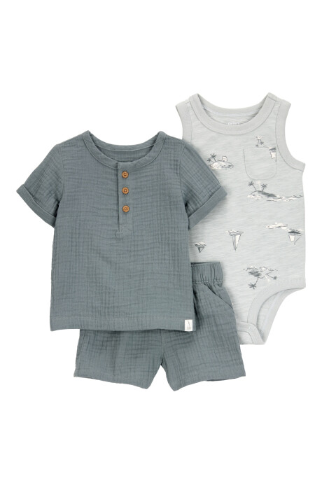 Set tres piezas de algodón, short, remera henley y body, gris Sin color