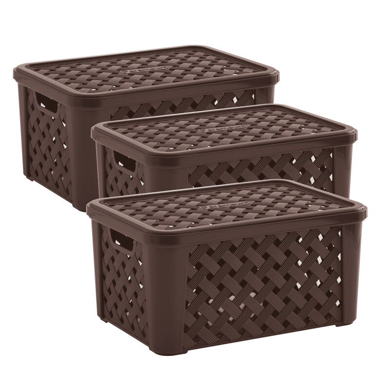 Set x3 Caja organizadora simil rattán con tapa P CHOCOLATE