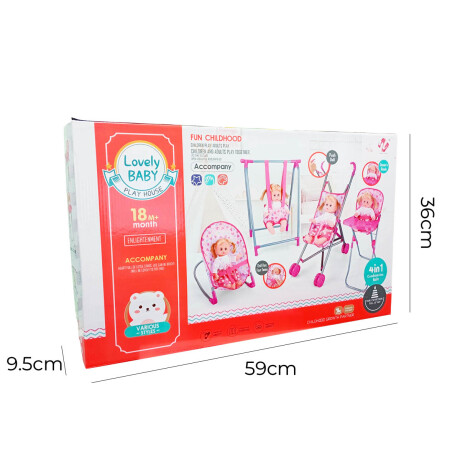 Set 4 En 1 Muñeca Bebe+ Coche Silla Hamaca Mecedor Jug003102