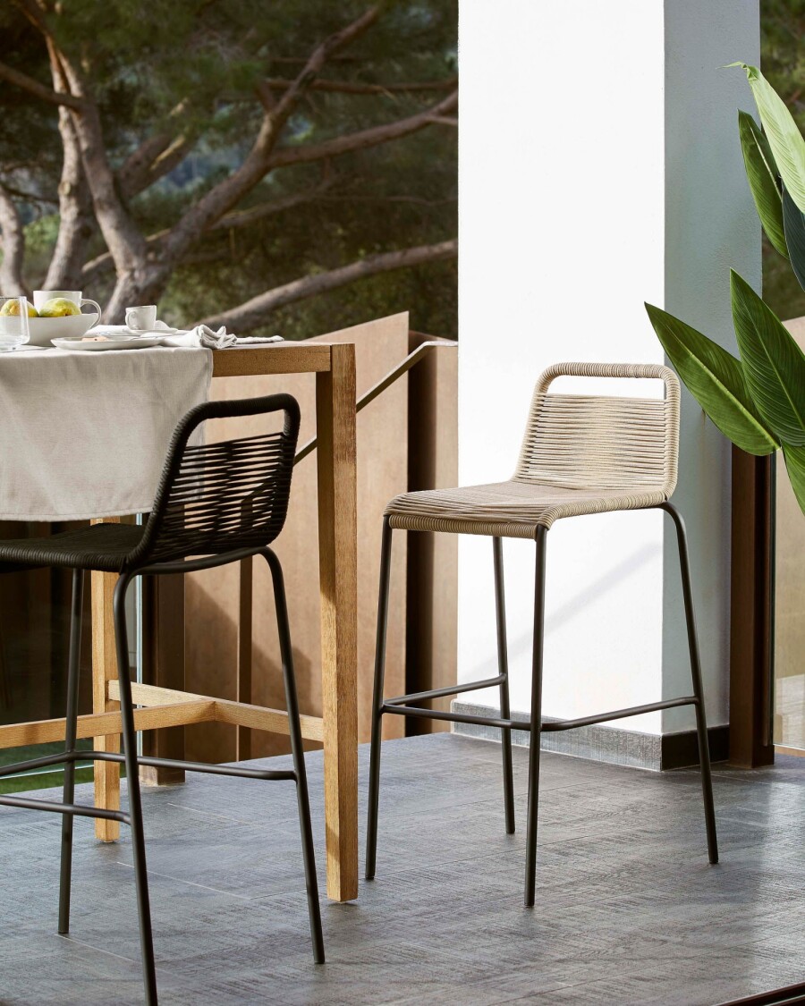 Taburete Lambton de cuerda marrón y acero con acabado negro altura 74 cm