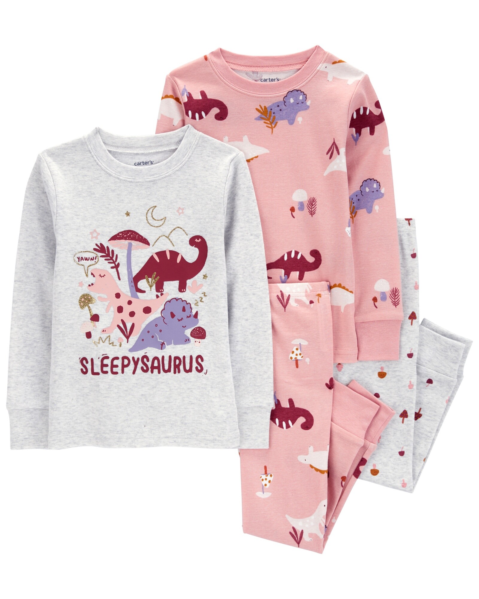 Pijama cuatro piezas de algodón, dos pantalones y dos remeras, diseño dinos Sin color