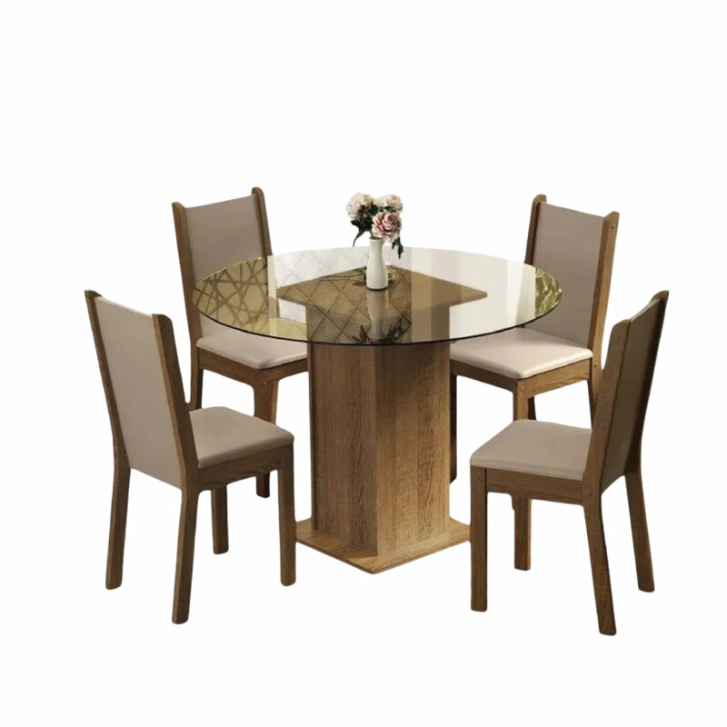 Juego de comedor con mesa redonda de vidrio y 4 sillas rústicas Beige