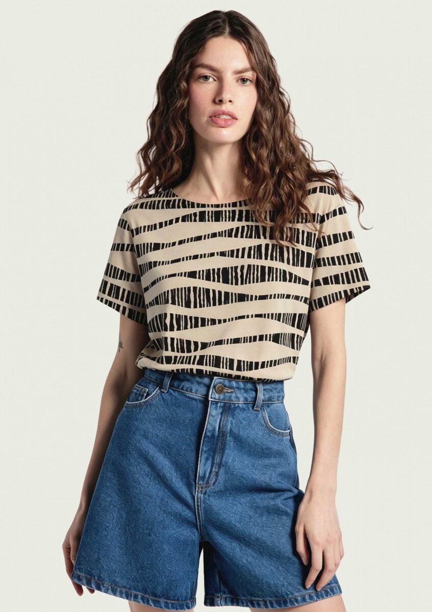 BLUSA ESTAMPADA DE MANGA CORTA - BEIGE 