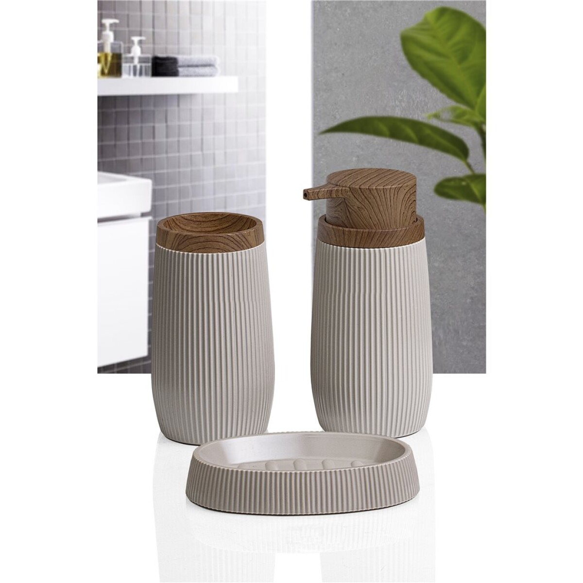 SET 3PCS BAÑO PP Y MADERA BEIGE 