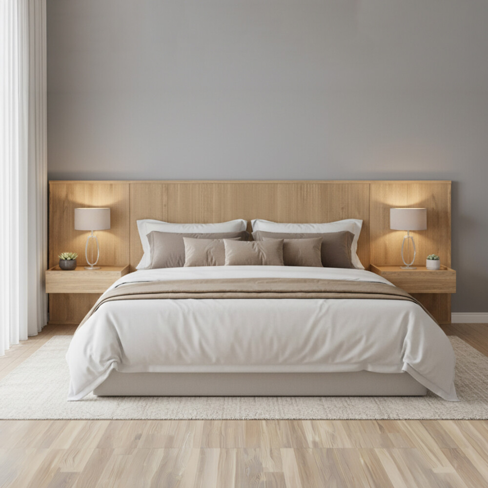 Respaldo Queen continuo con mesa de luz Chloe - Moderna Hanover