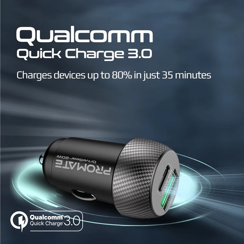 Cargador Rápido Auto Promate 20W Dual (USB-C y USB-A) Cargador Rápido Auto Promate 20W Dual (USB-C y USB-A)