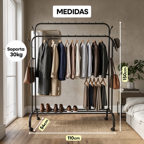 Perchero Doble Ropa Barra Acero Percha Metal Ganchos Ropero Placard Con Ruedas Imback Color Negro Perchero Doble Ropa Barra Acero Percha Metal Ganchos Ropero Placard Con Ruedas Imback Color Negro