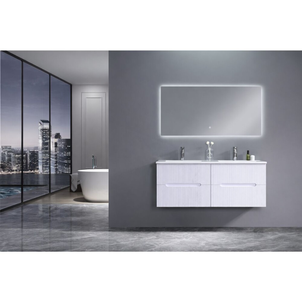Mueble De Baño Suspendido Blanco Ripado 120 Cm Con doble Bacha Mueble De Baño Suspendido Blanco Ripado 120 Cm Con Doble Bacha
