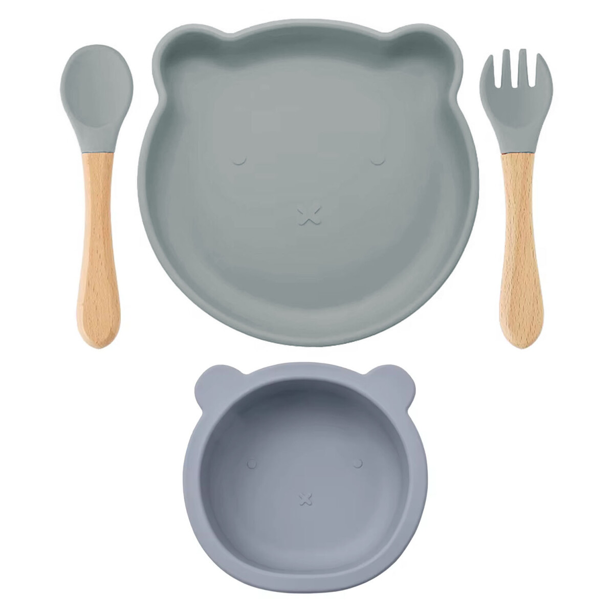 Set Comida Bebé Silicona Plato y Bowl Oso + Cuchara Tenedor - Azul Grisáceo 
