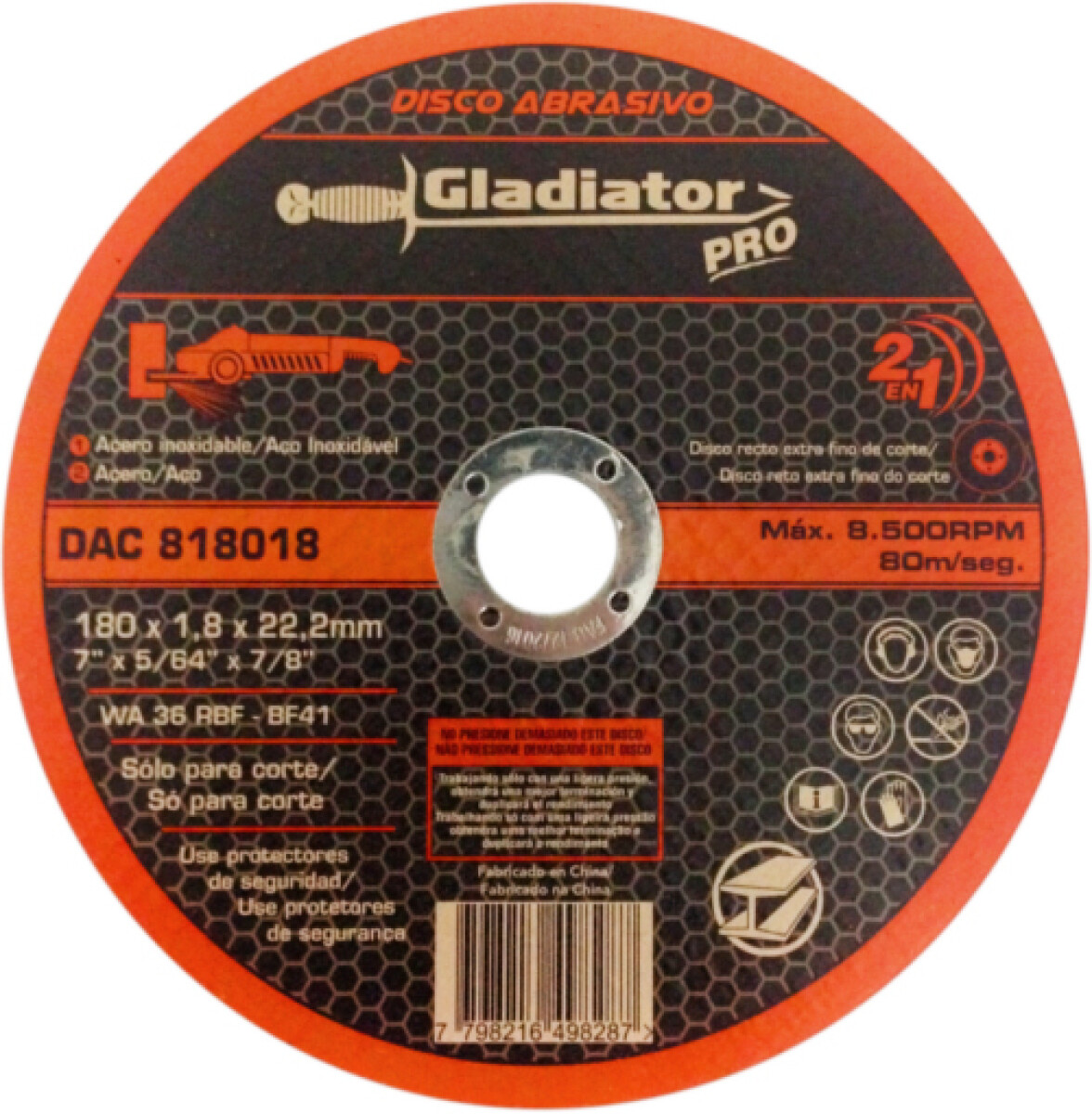 Disco corte acero/acero inox. 7" (180X1.8X22.2) Gladiator Pro 