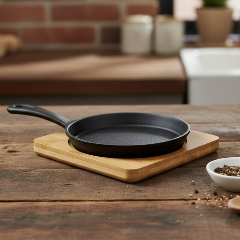 Mini sartén hierro fundido 13 cm con base bambú NEGRO