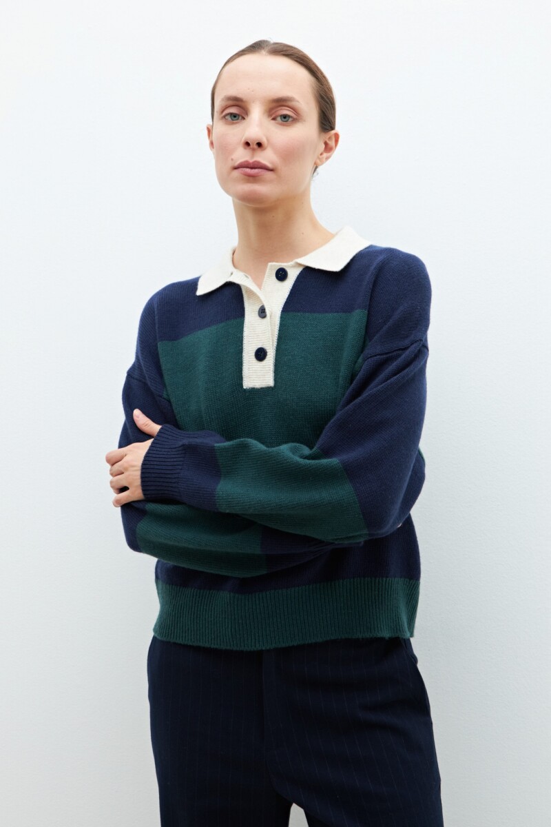 Sweater rayado cuello polo azul marino