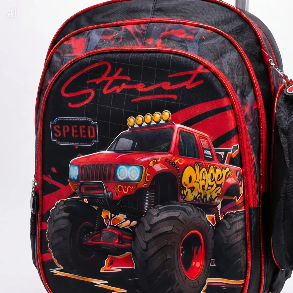 Mochila con carrito, lonchera y cartuchera. Monster car