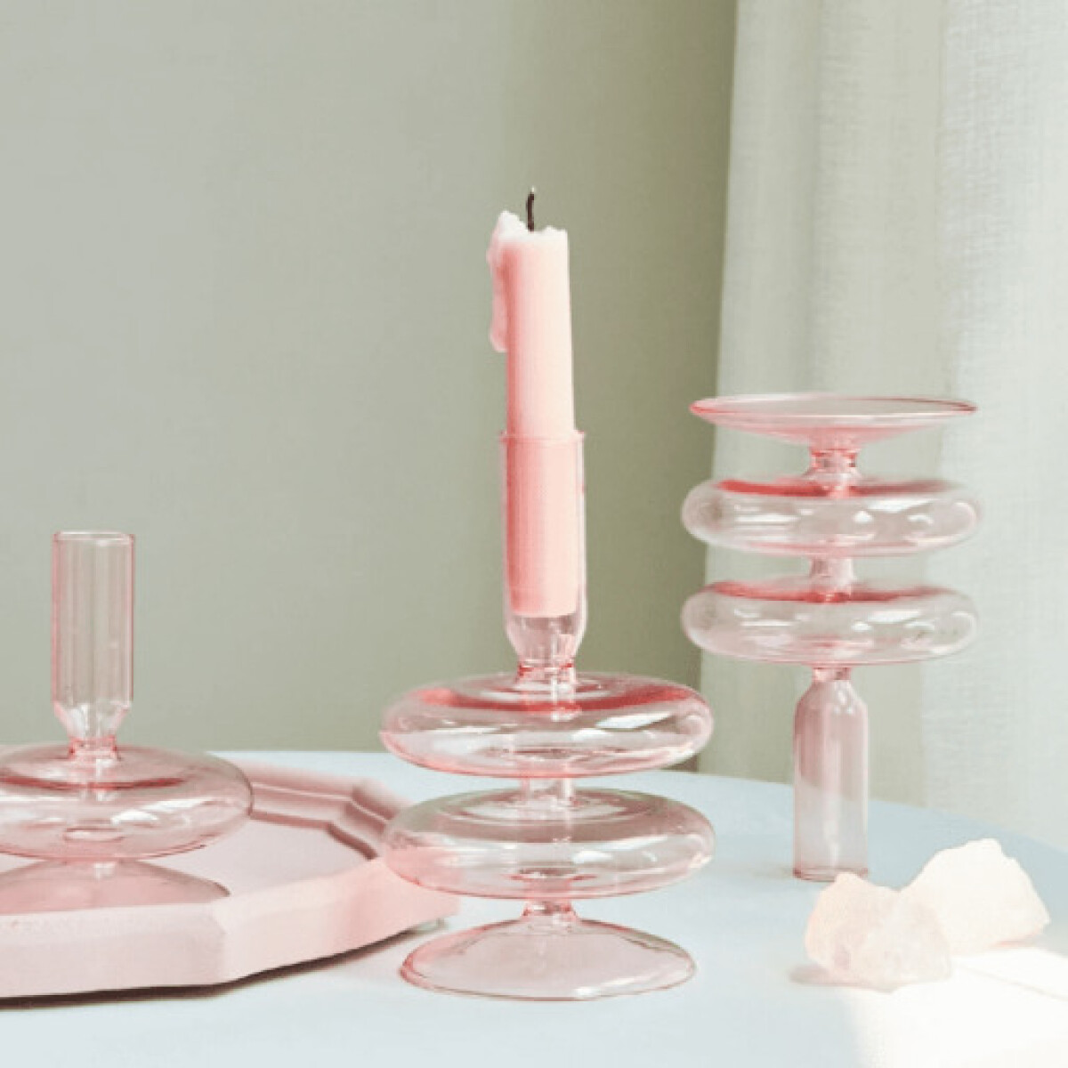 Porta velas de vidrio en colores ancho - rosa 
