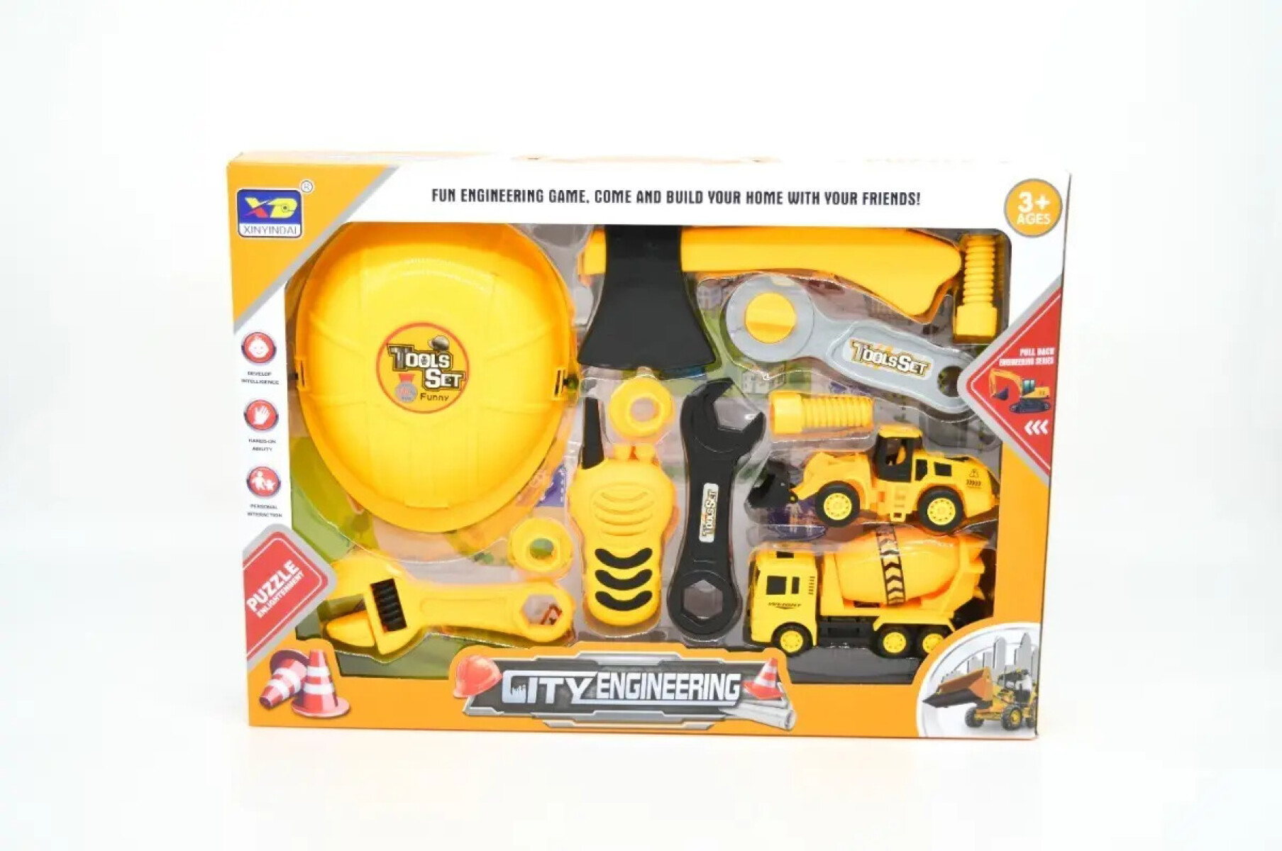 Set de construcción con casco, herramientas y vehículos 