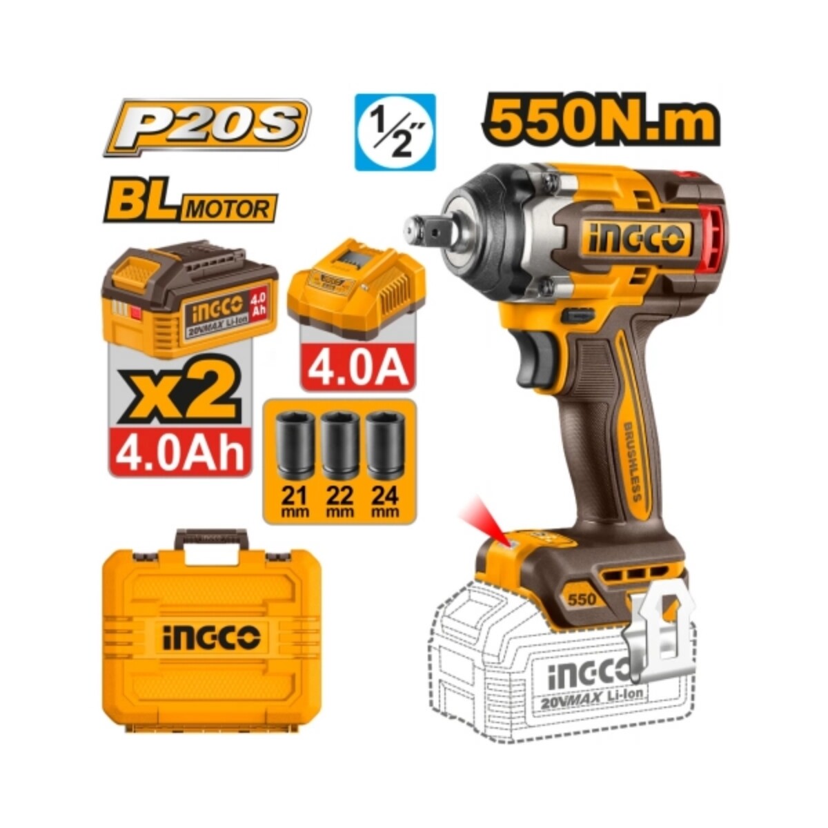 LLAVE DE IMPACTO 550NM A BAT + 2 BAT +CARG + 3DADOS INGO Llave De Impacto 550nm A Bat + 2 Bat +carg + 3dados Ingo