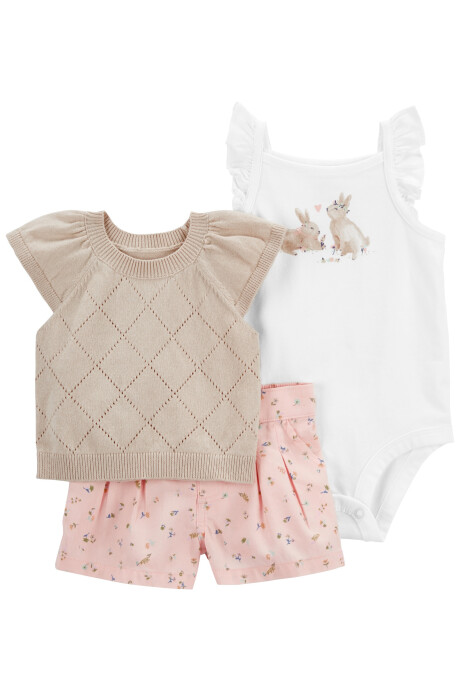 Set tres piezas short, chaleco de punto y body de algodón Set tres piezas short, chaleco de punto y body de algodón