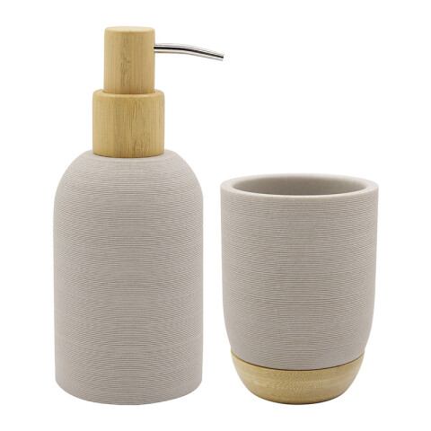 Set Baño Dispensador de Jabón y Porta Cepillo de Resina y Madera GRIS