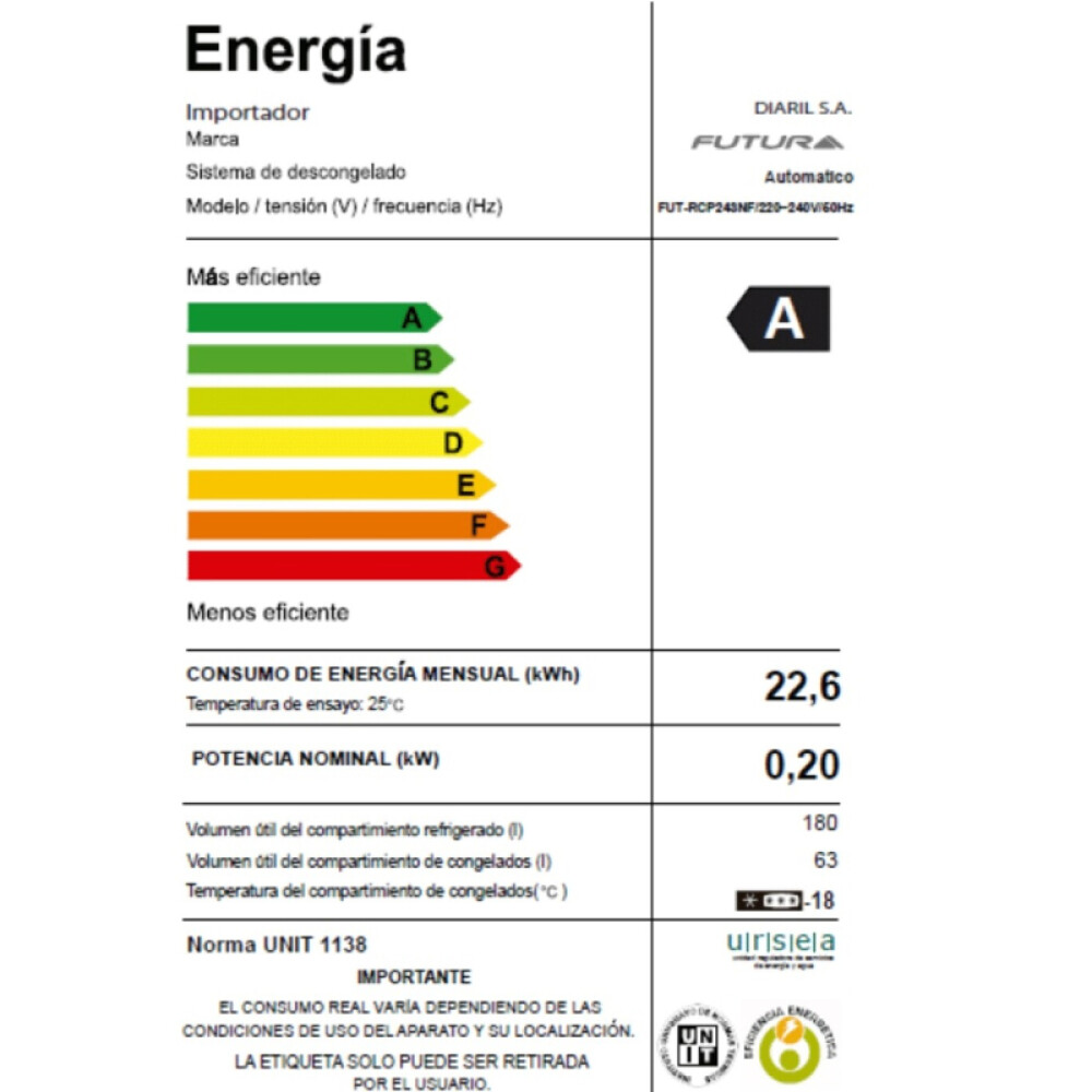 Refrigerador Integrable Panelable FUT-RCP243NF blanco