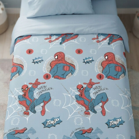 Colcha Infantil 1 Plaza 100% Microfibra Spiderman Celeste Claro