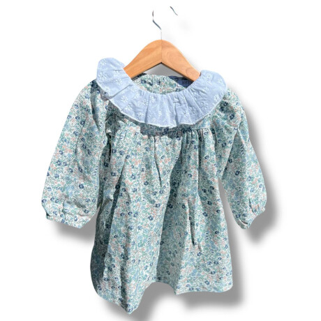 Vestido Floreado Celeste Volado Bordado Vestido Floreado Celeste Volado Bordado
