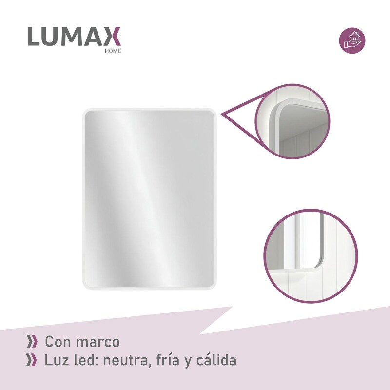 Espejo Vertical Lumax Suleban c/marco y luz 90x70cm Blanco
