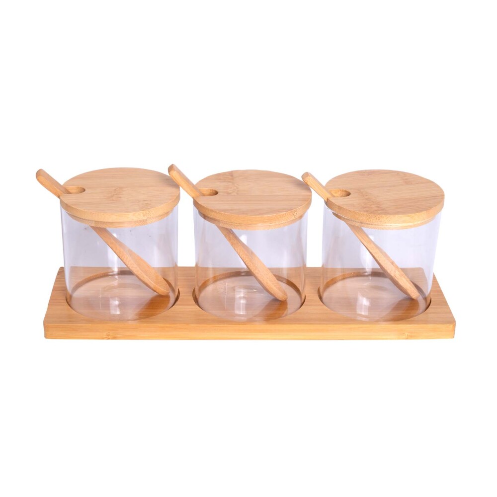 SET 3 FRASCOS C/CUCHARA VIDRIO-Y-MADERA TRANSPARENTE A121