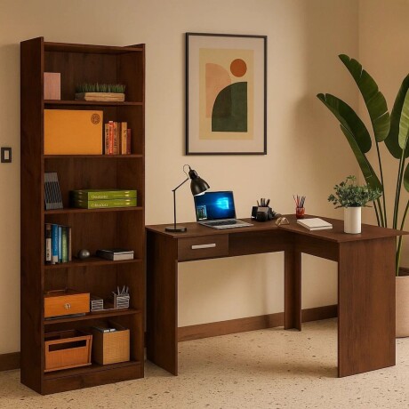 Promo Escritorio Esquinero + Biblioteca 5 Estantes Tabaco