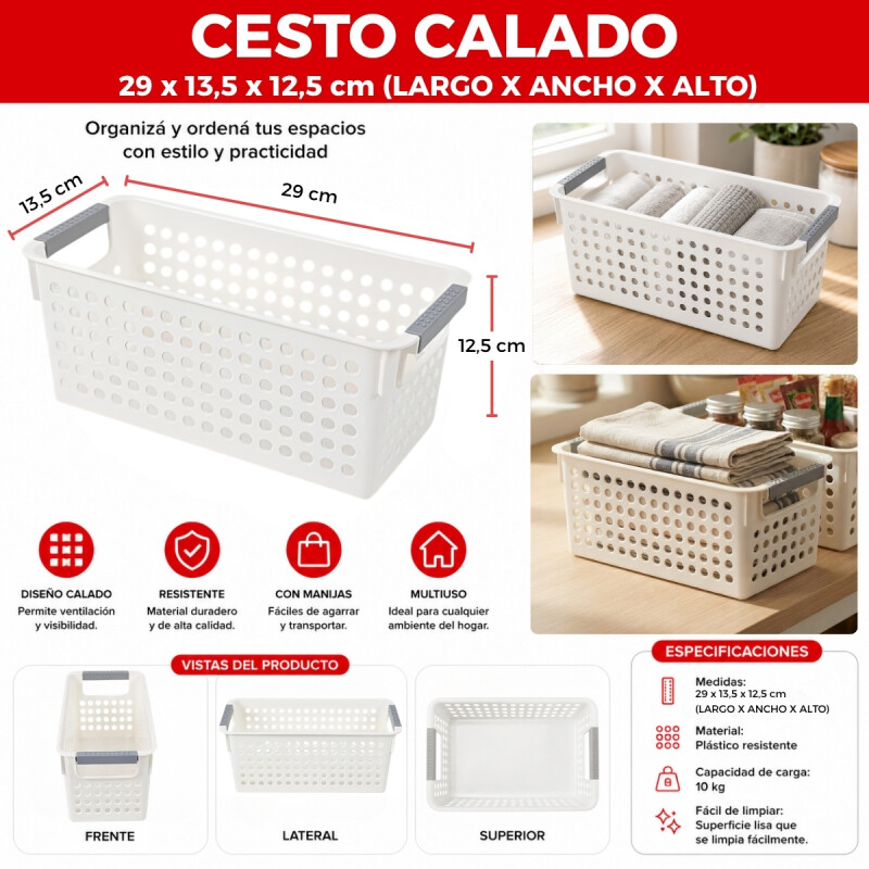 Cesto Organizador calado con asas 29 x 13.5 x 12.5 cm BLANCO