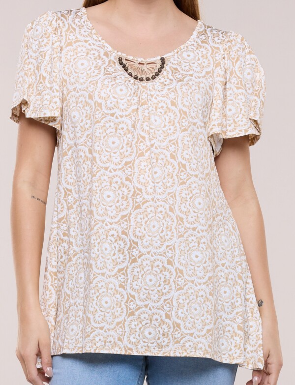 Blusa Mandalas Con Aplique étnico Y Mangas Volado BEIGE/MULTI