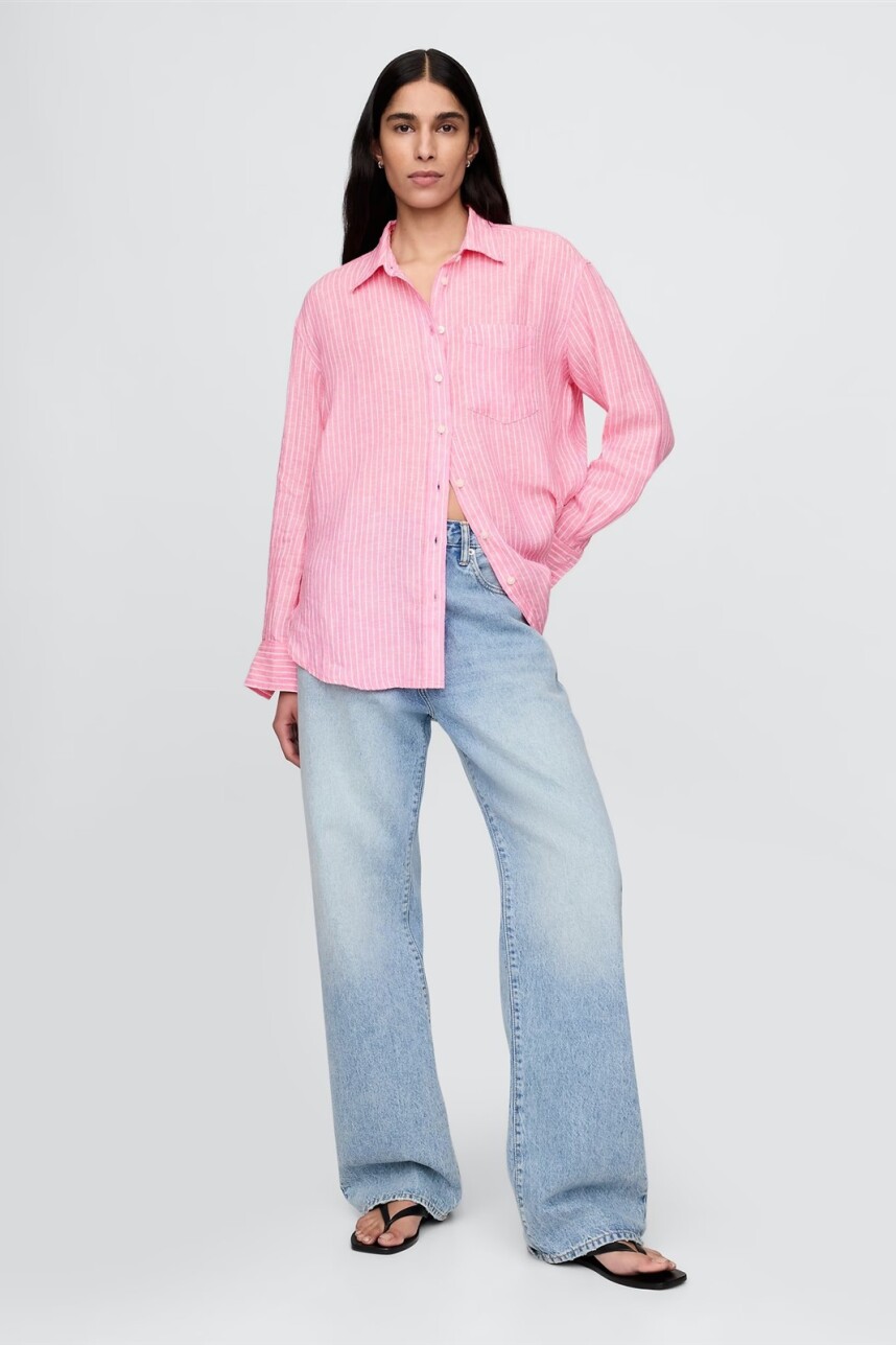 Camisa De Lino Mujer Pink Stripe