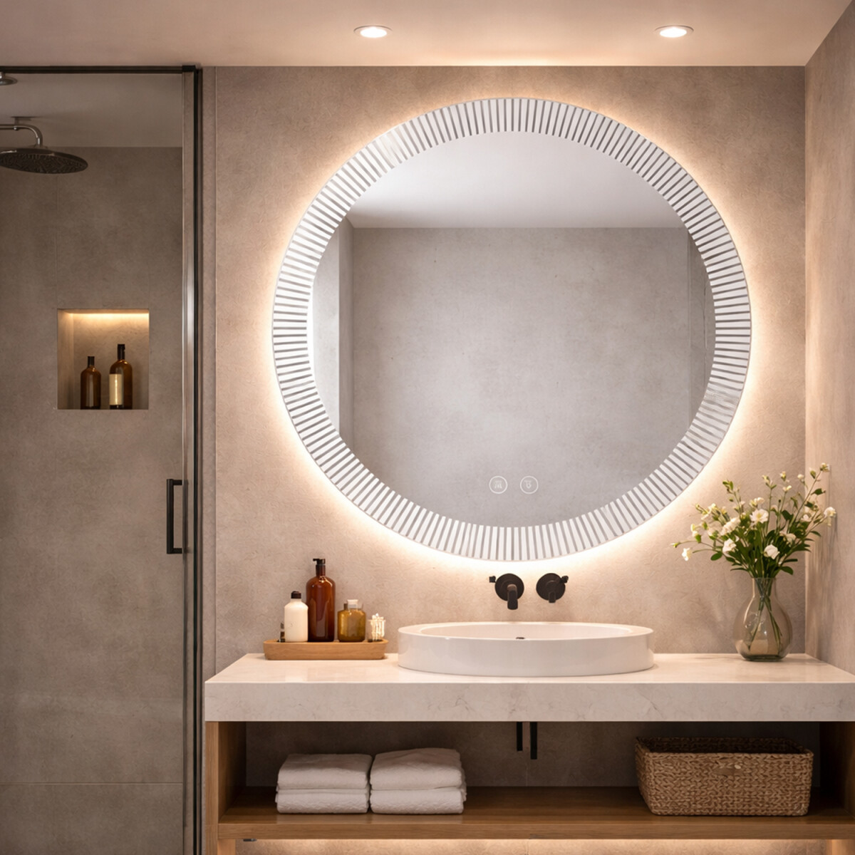 Espejo Tramado Led Redondo Baño 60 X 60 Cm Led05 - ESPEJO REDONDO LED05 60CM BORDE TRAMADO 