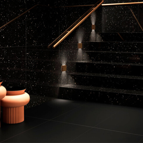 Porcelanato Negro Pulido Tipo Terrazzo 90X90Cm Piso Pared GAMAS DE NEGRO
