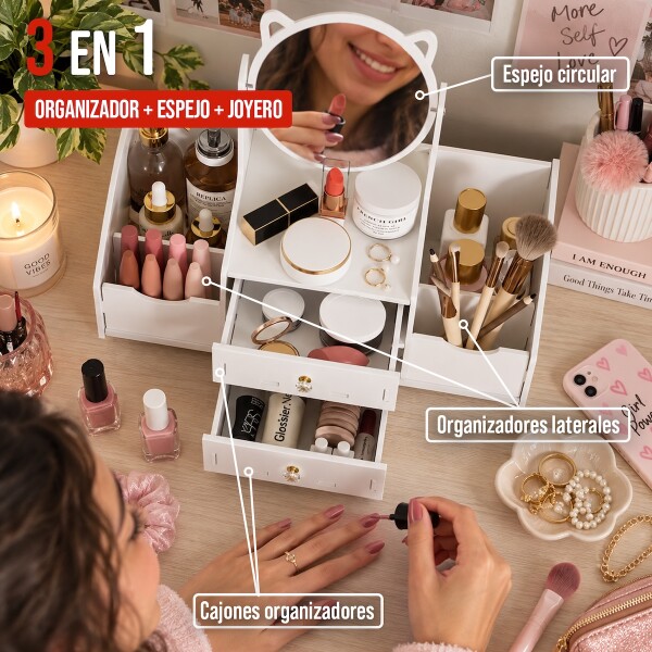 Organizador De Maquillaje Tocador Con Espejo y Cajones IMBACK Color Blanco Organizador De Maquillaje Tocador Con Espejo y Cajones IMBACK Color Blanco