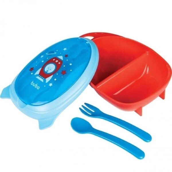 vianda tupper y cubiertos space cohete BUBA azul