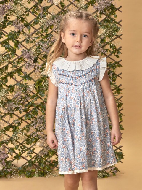 Vestido De Florecitas Con Nido De Abeja Azul Claro